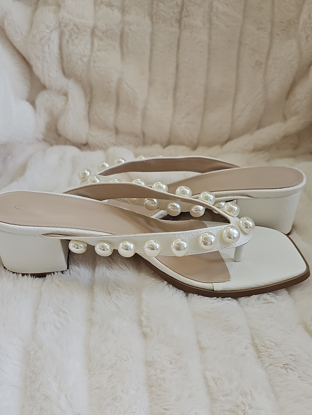 Pearl-Trim White Block Heel Sandals